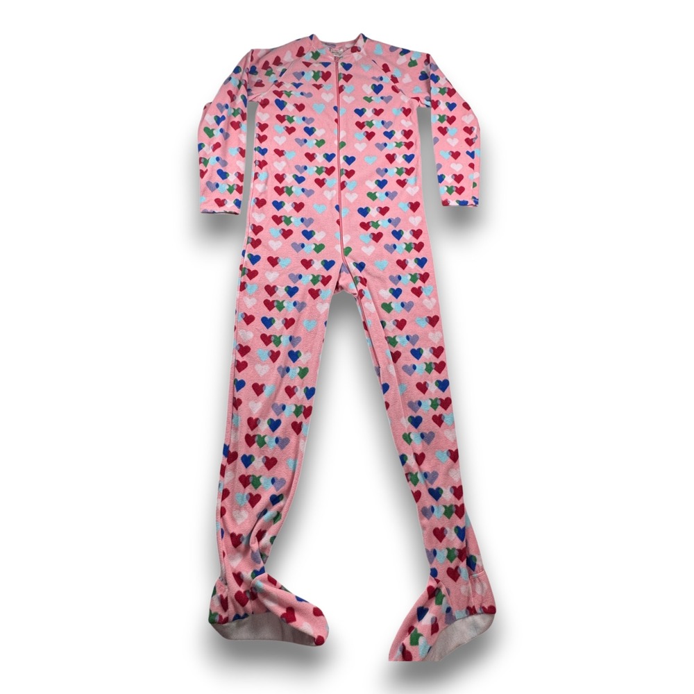Hanna Andersson Girls Pink Heart Fleece Footed Pajamas One Piece Sleeper 160 14